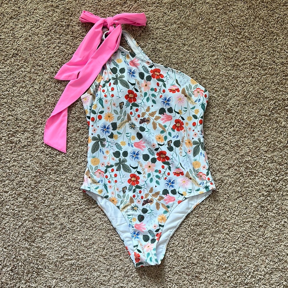 Floral One-Piece Swimsuit with Pink Tie